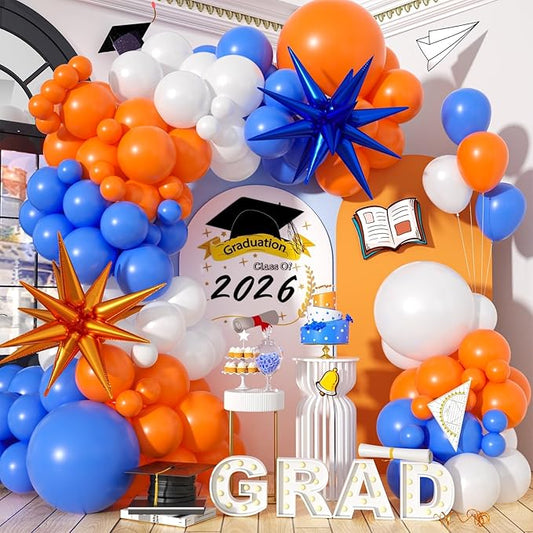 Blue and Orange Balloon Arch Garland Kit, 121PCS Dark Royal Blue and Orange White Balloons with Spikes Balloon for College High School Class of 2026 Graduation Birthday Basketball Party Decorations
