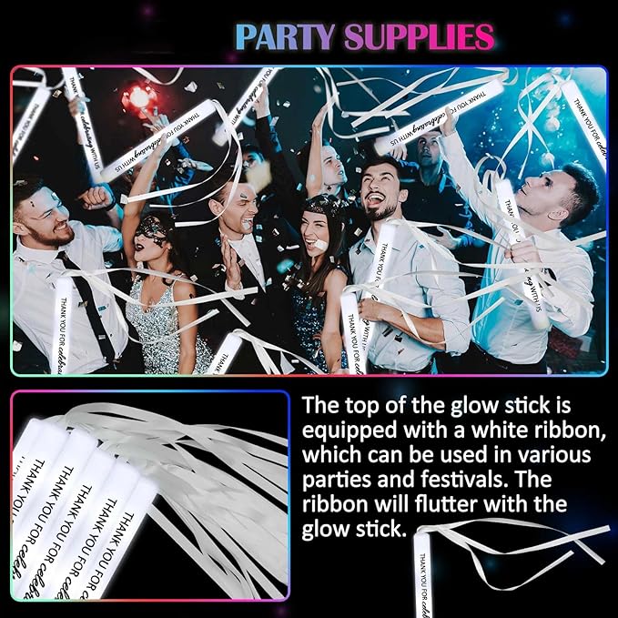 JellyArch 50 Pack Wedding Glow Sticks for Reception LED Foam Light up Sticks with Ribbon Light Stick Bulk with White Flashing for Wedding Send Off Party Favors, Dance Floor, Birthday