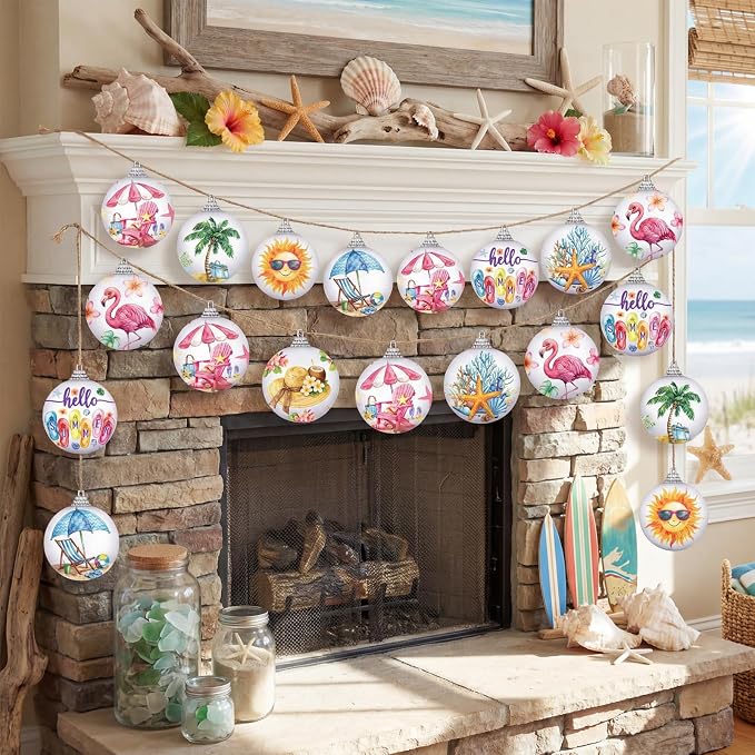 Outus 16 Pcs Summer Tree Ornaments Mini Summer Christmas Decorations for Tree Beach Flamingo Hanging Ornaments Tropical Party Decor for Farmhouse Home Fireplace Luau Holiday Decorative Supplies
