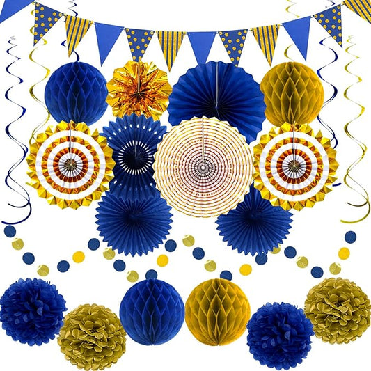 Blue Gold Party Decorations, Graduation Season Hanging Glitter Triangle Flags Banner Paper Fan Tissue Pom Poms Garlands, Boy Men Party, Bridal Shower, Navy Blue Themed Birthday