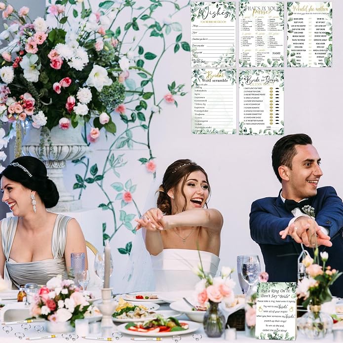 Sosation 331 Pcs Bridal Shower Games Supplies, 5 Sets (50 Cards Each) Wedding Games Cards, 1 Put a Ring on It Bridal Shower Game with 60 Rings and 20 Team Pencils for Wedding Engagement