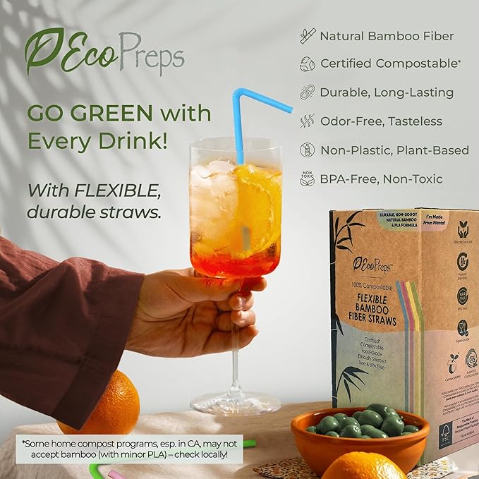 EcoPreps Colorful Biodegradable Flexible Drinking Straws | Bendable 300 Count, 100% Compostable, Plastic-Free, Eco-Friendly Straws for Cold Drinks | 7.8'' Multi-Color Bamboo Fiber Disposable Straw Set