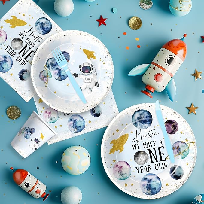 Outer Space First Birthday Party Supplies, Space 1st Birthday Decorations Tableware, Paper Plate, Cup, Napkin, Tablecloth, Cutlery, Houston We Have a One-Year-Old Party Supplies | Serve 24