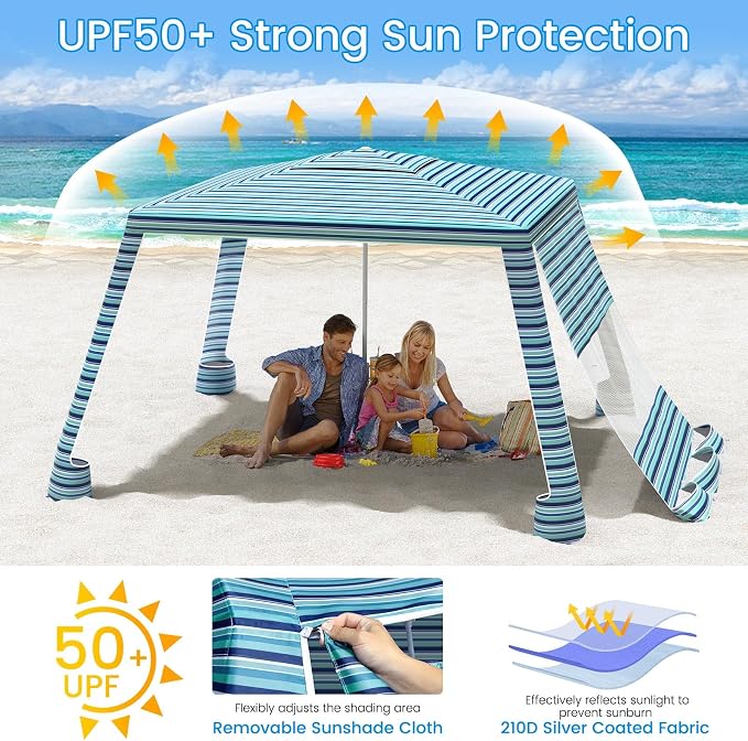 MoKo Beach Cabana, 8'×8' Large Beach Canopy with Side Wall, UPF 50+ Protection Easy Setup Beach Tent Sun Shelter, Adjustable Height Wind Resistant Cabana Beach Tent for Whole Family, Blue-Green Stripe