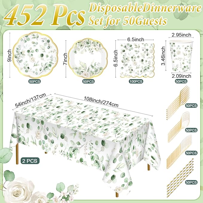 Potchen 452 Pcs Party Supplies Serve 50 Guests, Paper Plates Napkins Cups Cutlery Plastic Tablecloth Dinnerware for Birthday Wedding Party Decoration(Sage Green, Eucalyptus Leaves)