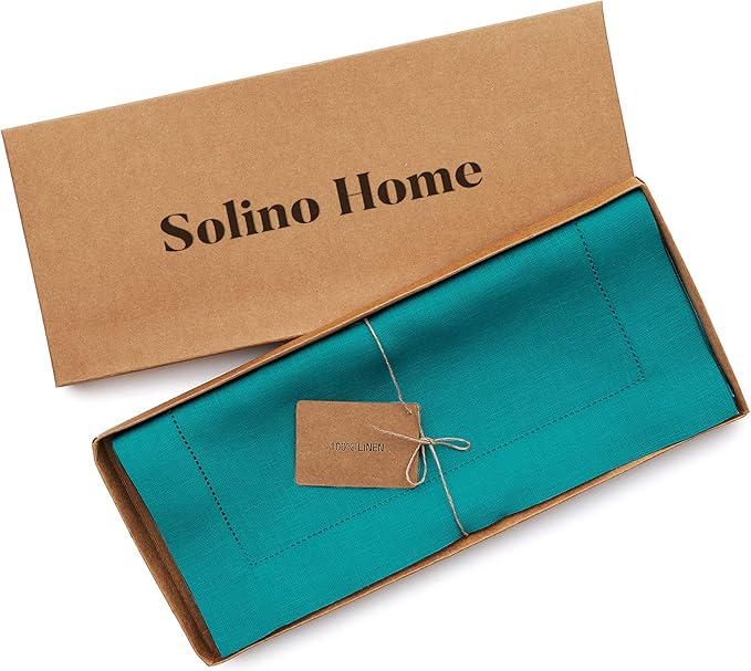 Solino Home Linen Hemstitch Table Runner 48 Inches - 100% Pure Linen Teal Table Runner 14 x 48 Inch Ideal for Dresser and Coffee Tables, Mothers Day - Classic Hemstitch