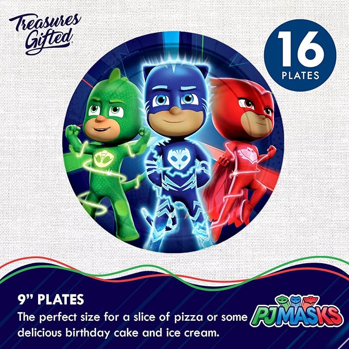 Treasures Gifted Officially Licensed PJ Masks Birthday Decorations - Serves 16 Guests - Dinnerware Classic Set - PJ Masks Party Supplies - Plates, Napkins & Cups Set