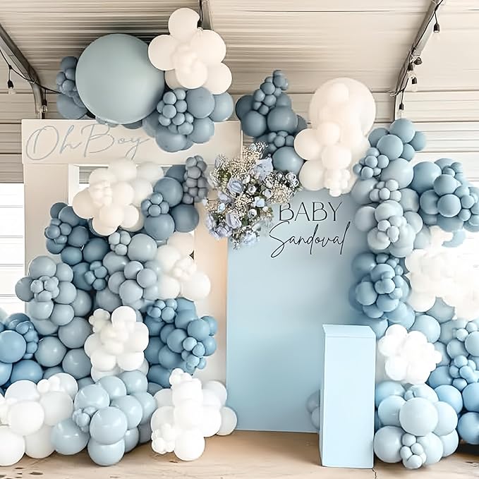 Dusty Blue and White Balloon Arch, Slate Blue Pearl White Ivory Balloon Garland, Different Sizes 18/12/10/5 Inch for Baby Shower Gender Reveal Bridal Shower Wedding Birthday Party Decorations