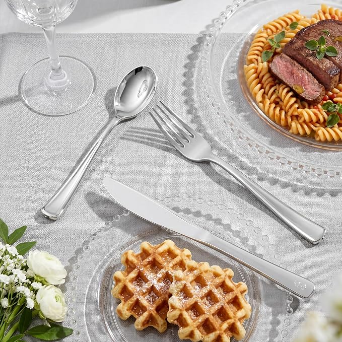 Supernal 360pcs Silver Plastic Silverware Set - Heavy Duty Disposable Silver Cutlery (120 Forks, 120 Spoons, 120 Knives) | Modern Bulk Plastic Utensils for Wedding, Catering & Large Events