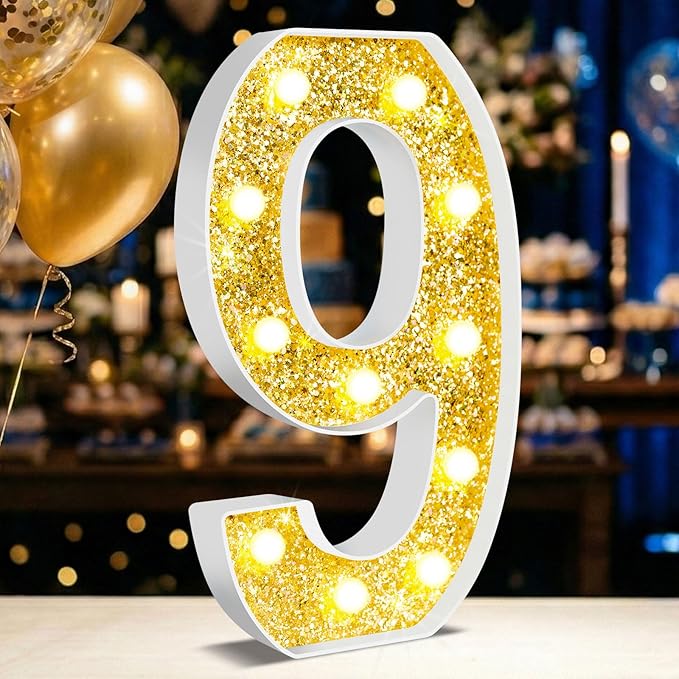 12.6 Inch LED Gold Marquee Light Up Numbers, 9th Birthday Decorations Number Lights as Gifts for Girls Boys, Glitter Lighted Marquee Numbers for Golden Anniversary Party Table Decor, 9