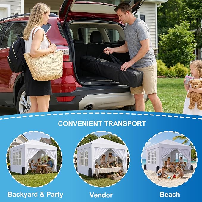 SANWAY 10x10 Pop Up Canopy with Sidewalls, Easy Setup Instant Canopy Tent, Portable with Carry Bag for Outdoor Events, Camping, and Backyard Parties – White