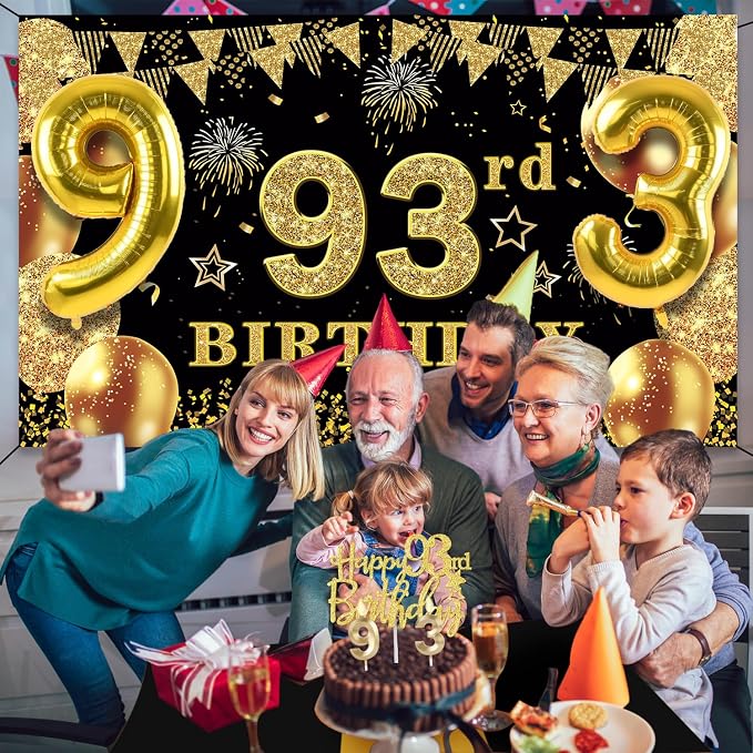 93rd Birthday Decorations Men Women with 93rd Birthday Banner, Black and Gold Table Cloth, Number Balloons, Sash, Cake Topper and Candles