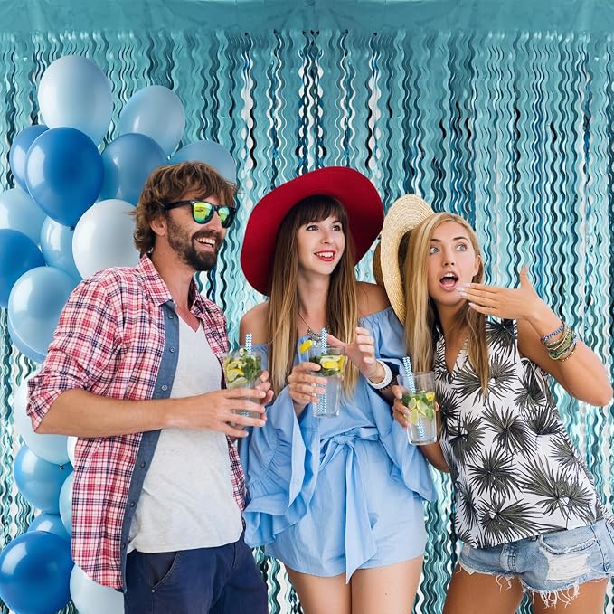 GOER 6.4 ft x 6.5 ft Metallic Tinsel Foil Fringe Curtains,Pack of 2 Party Streamer Backdrop for Birthday,Graduation Decorations and New Year Eve (Wavy Light Blue)