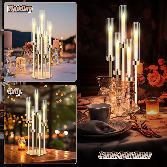 Tandefio 2 Set Gold Candelabra Centerpieces for Tables, 26.8 Inch 5 Arm Candle Holders with LED Candles and Acrylic Cylinders, Tall Acrylic Wedding Table Centerpieces for Reception Dinner Party Decor