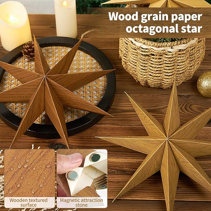 SUNBEAUTY 8-Pointed 12 Inch Paper Star Lanterns Brown Wooden Christmas Lanterns Hanging Lamp Paper Decorations Shade Wedding Birthday Christmas Home Party Decorations
