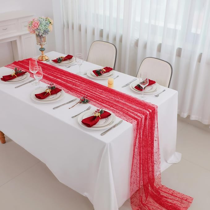 Snowkingdom 6 Pcs Red Glitter Table Runner 10 FT, Sheer Chiffon Sparkle Gauze Cheesecloth Mesh Runners 120 Inch, Red Table Centerpieces Decoration for Birthday Party Wedding Christmas Mothers Day