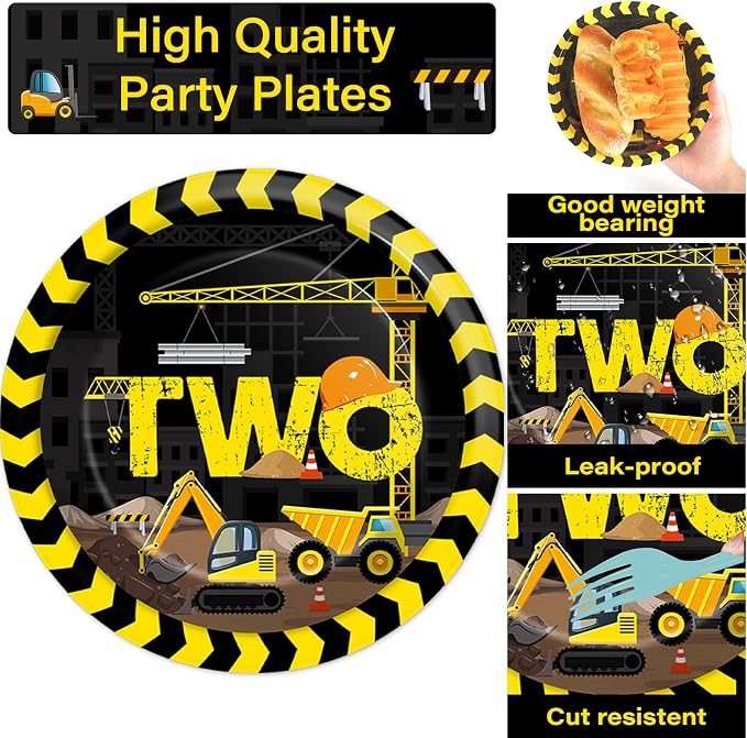 50 Guests Construction Birthday Plates and Napkins Forks Party Supplies Construction Truck Two Party Decorations Disposable Tableware Set Dinnerware Paper for Two Year Old Baby 2nd Birthday, 200PCS