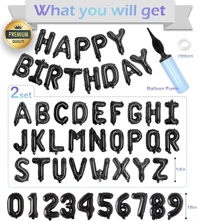 76pcs Happy Birthday Balloon Banner, Black Balloons Letters, Personalized 16" Mylar Foil Birthday Decorations includes 2 Sets A- Z, 1 set Number 0-9 and "HAPPY BIRTHDAY" letters (with Balloon Pump)