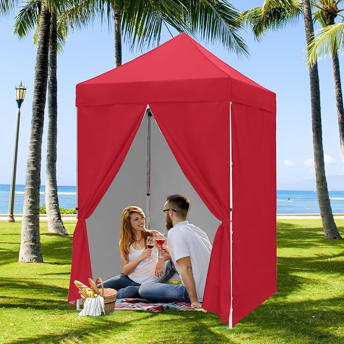 COOS BAY 5x5 Pop Up Canopy Tent with Side Walls, Easy Setup Portable Sun Shelter with Carry Bag, Outdoor Shade for Beach, Camping, Sports & Backyard, Red