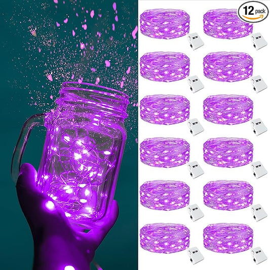 ZGWJ Fairy Lights Battery Operated, 12 Pack Twinkle String Lights 20 LED 7FT 3 Lighting Modes Waterproof for Bedroom, Halloween, Christmas, Party Indoor and Outdoor Decoration Purple