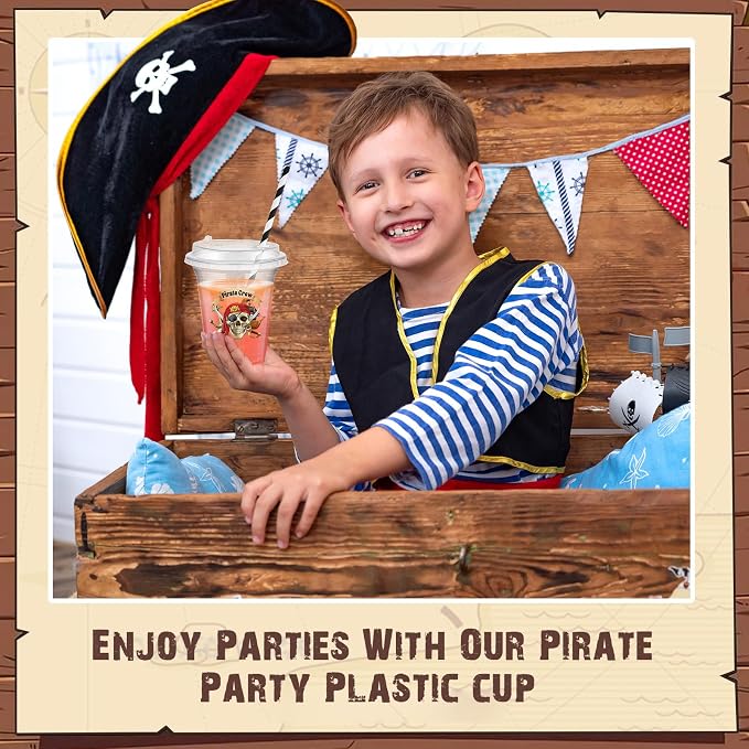 Qinyoung 60 Sets Pirate Plastic Cups Bulk 14 oz Pirate Treasure Theme Party Favor Supplies Ice Coffee Disposable Clear Plastic Cups Bulk with Lids and Paper Straws for Birthday Favors