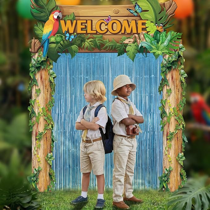 Peryiter 5 Pcs Rainforest Jungle Party Decorations Set - Welcome Arch, Tree Trunk Banners, Tinsel Curtains, Double-sided Tape for Tropical Theme Birthday, Photo Booth & Event Backdrop
