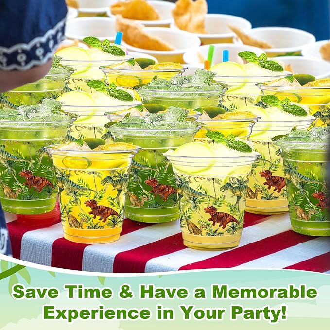 Geyoga 100 Pcs Dinosaur Plastic Cups 12 oz Dinosaur Disposable Drinking Cups Bulk Clear Dino Themed Tumbler for Dino Birthday Party Decoration