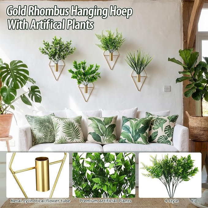 Hanaive 4 Sets Boho Wall Decoration Metal Wall Art Hanging Planters with Artificial Pampas Display Modern Home Vase for Bedroom Home Office(Brisk,Green)