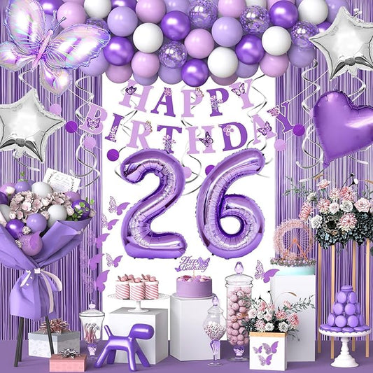 26th Purple Birthday Decorations for Women, Purple Pink 26th Birthday Decorations Butterfly Theme Lavender Party Decor Set with Number Balloons, Banner, Sash, Butterfly Stickers