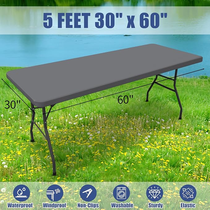 Moosfor Spandex 5 Foot Rectangle Table Cloth 6 Pack, Elastic Fitted Tablecloths for Picnic, Stretch Washable Patio Table Cover for Outdoor, Camping, Banquet and Parties (Grey, 30"x60")