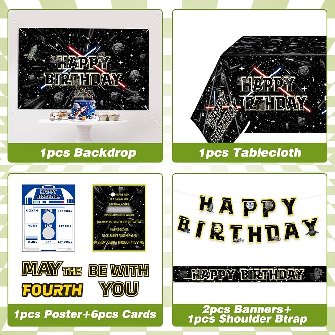 Galaxy Star 4th Birthday Decorations Set - Space Themed Party Favor | With Arch Balloon, “4” Balloon, Backdrop, Tablecloth, Birthday Hat, Cake Topper, Banner, Sash, Poster, Balloon Boxes, Cards