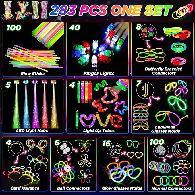SHQDD Party Supplies, Glow in the Dark Party Favors for Adults Kids, 27 Carnival Accessories, 56 LED Light Up Toys Bulk, 100 Glow Sticks Party Pack, Neon Party Supplies & Decorations
