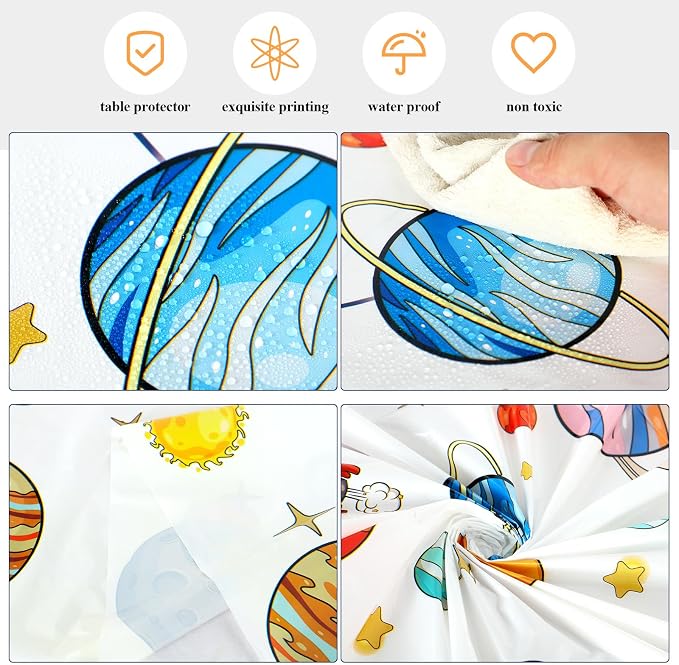 Oudain 6 Pcs Space Tablecloth Decorations Plastic Galaxy Table Cloth Space Theme Birthday Party Supplies for Boy Spaceship Planet Astronaut Rockets Disposable Table Covers, 54 x 108 Inch (White Style)
