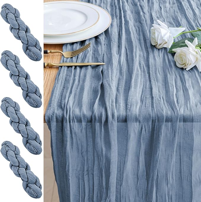 4PCS Table Runner Cheesecloth 10FT Dusty Blue Boho Gauze Cheese Cloth Rustic Sheer Table Runners for Wedding Bridal Baby Shower Party Decoration
