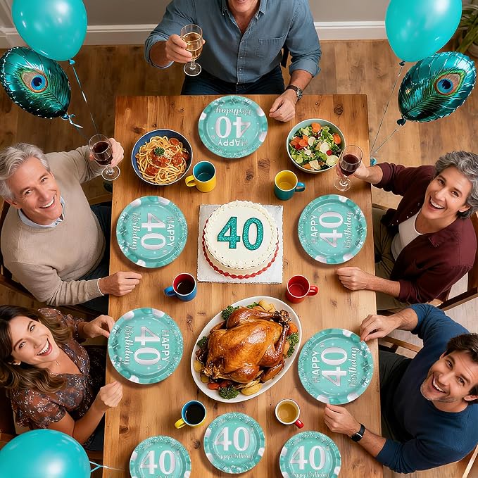 96Pcs Teal 40th Birthday Party Decorations Teal and Silver Plates and Napkins Tableware Sets Forty Party Decorations for Women 40 Years old Birthday Supplies Serves 24
