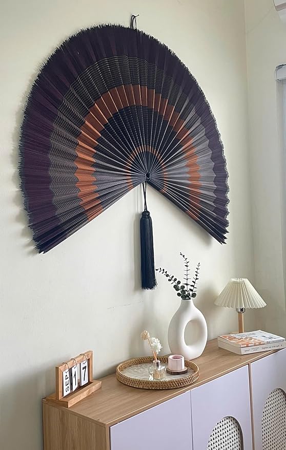ChumDecor Fan Wall Decor,Japanese Wall Fan Decor,Large Bamboo Fan Wall Art for Boho Hanging Headboard,Decorative Folding Fan for Over Bed Decorations,Large Wall Dcor (Ebony, 60inch)