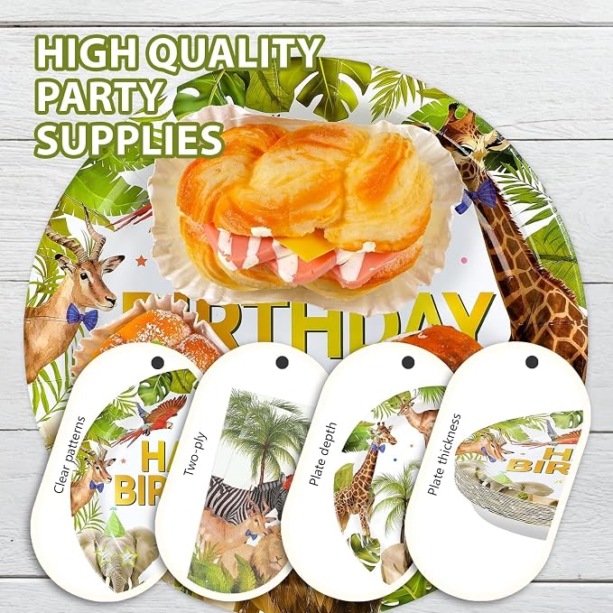 96Pcs African Safari Birthday Decorations Jungle Theme Plates Forks and Napkins Wild Animals Disposable Paper Plates for Jungle Zoo Lion Birthday Party Supplies Serves 24