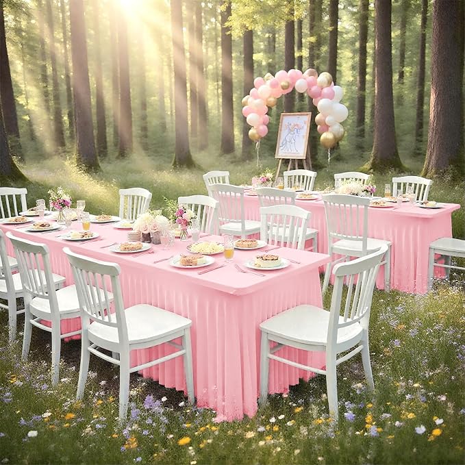 2 Packs Pink Stretch Table Skirts for 8 Foot Rectangle Table, Washable Spandex Stretch Tablecloths with Skirt, Wrinkle Resistant Fitted Tablecover for Wedding Party Banquet
