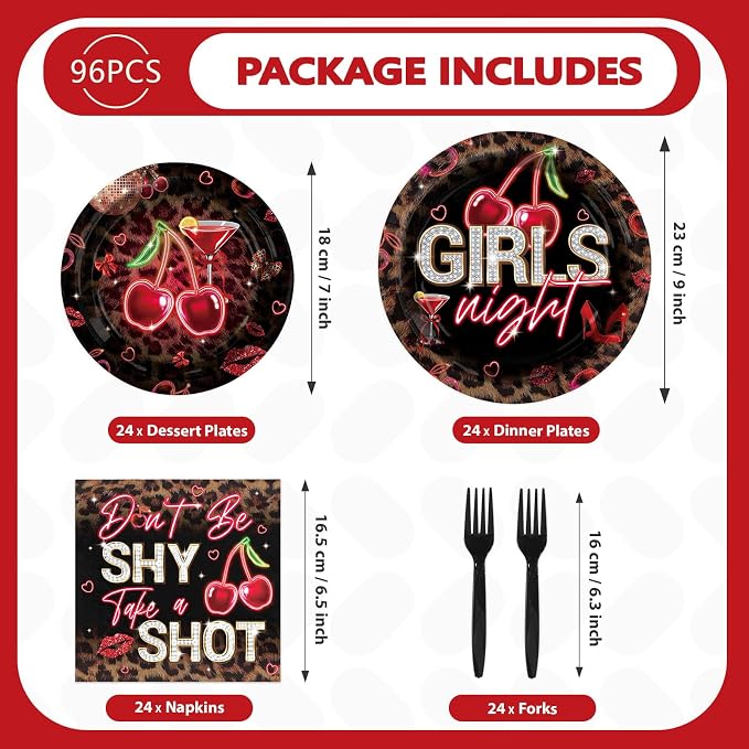96Pcs Cheetah and Cherry Birthday Party Decorations Red Leopard Print Plates and Napkins Red Black Leopard Cherry Tableware Set for Girls Night Bachelorette Birthday Wedding Party Supplies Serves 24