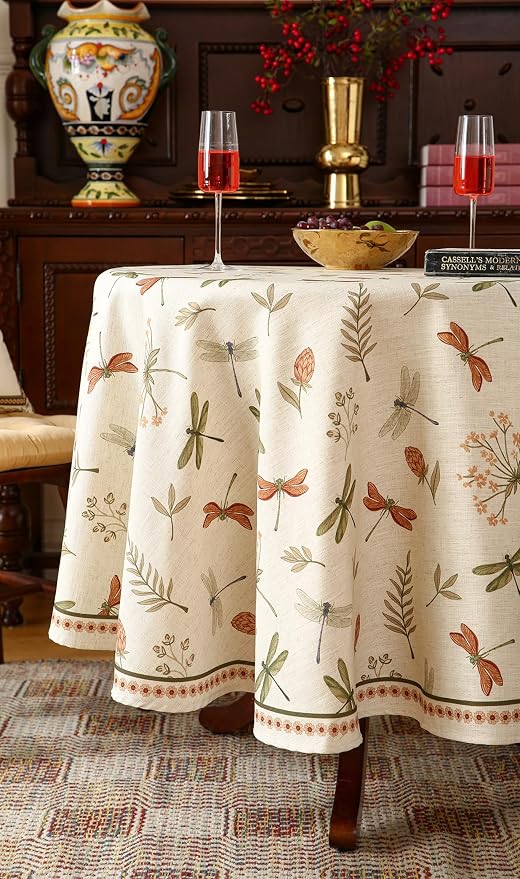 ISAENNE Designer Round Elegant Linen Tablecloth,Diameter 55"-Grace B | Vintage French Printed Table Cloth Round Table,Dragonfly Pattern,Durable,Heavyweight,Dining Room,Kitchen,Thanksgiving