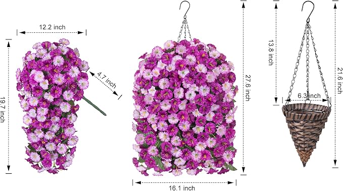 Artificial Fake Flowers Plants Hanging Baskets Outdoor Outside Spring Decor, Faux Silk Light Fuchsia and Fuchsia UV Resistant Look Real Morning Glory Home Patio Porch Balcony Decoration