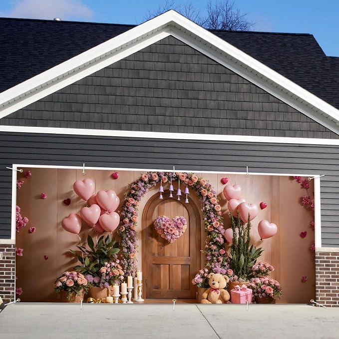 7x16ft Garage Door Banner,Pink Floral Heart Backdrop with Balloons,Large Waterproof Romantic Party Decor for Wedding Birthday Mother's Day,Outdoor Indoor Home Wall,Photo Booth Background