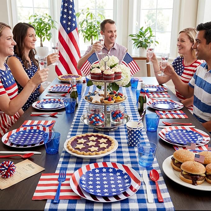 KIRE 150PCS 4th of July Plates & Red White Blue Disposable Plastic Silverware &Clear Blue Cups-American Flag Patriotic Party Supplies for Memorial Day/Independence Day/Veterans Day
