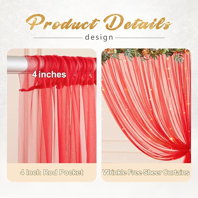 20x10ft Red Tulle Backdrop Curtain with Lights String for Parites, Sheer Photo Backdrop Curtains with Lights for Christmas Wedding Ceremony Reception Bridal Shower Baby Shower Birthday Party