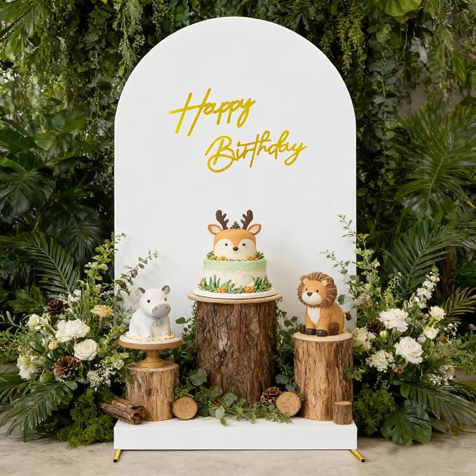 HAINARverS 7.2FT White Arch Backdrop Cover Spandex with Glitter Gold Happy Birthday Sign for Wedding Birthday Party Ceremony Banquet Decoration（White）