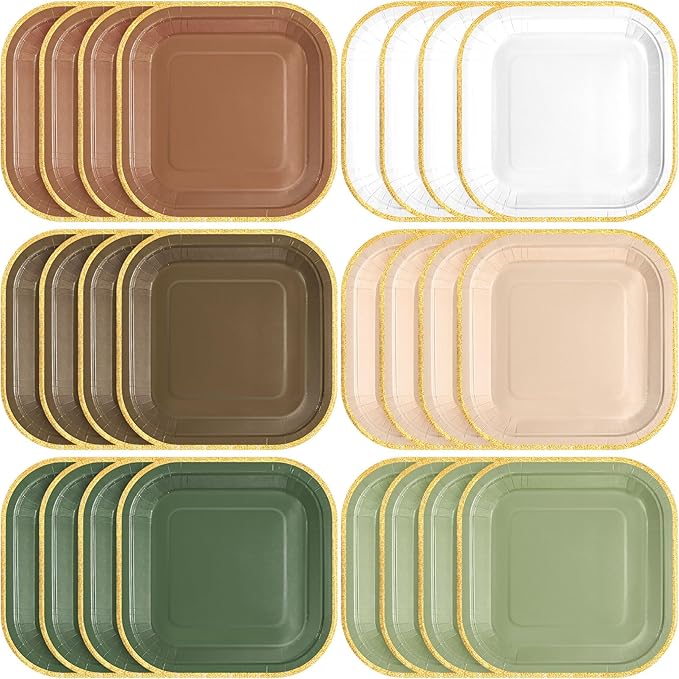 60 Pcs Woodland Green and Brown Paper Plates 7 Inch Gradient Disposable Square Dessert Party Plates with Gold Edge for Birthday Wedding Bridal Baby Shower Party Supplies, 6 Colors