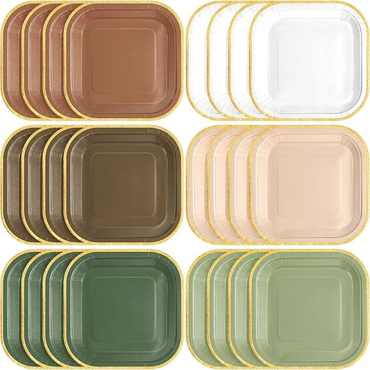 60 Pcs Woodland Green and Brown Paper Plates 7 Inch Gradient Disposable Square Dessert Party Plates with Gold Edge for Birthday Wedding Bridal Baby Shower Party Supplies, 6 Colors