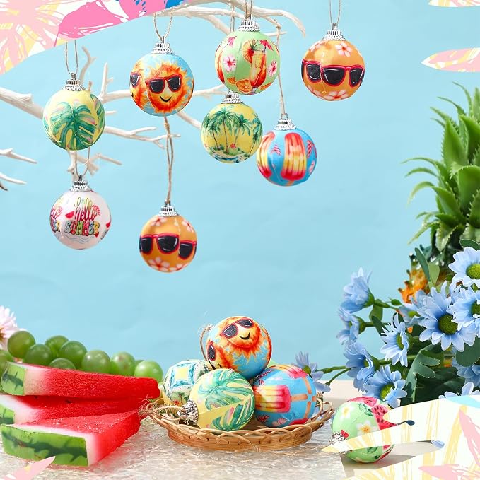 Outus 16 Pcs Summer Tree Ornaments Ball Hawaiian Style Ball Mini Summer Christmas Hanging Decoration for Tree Watermelon Tropical Leaf Coconut Palm Farmhouse Home Fireplace Holiday Party Decor