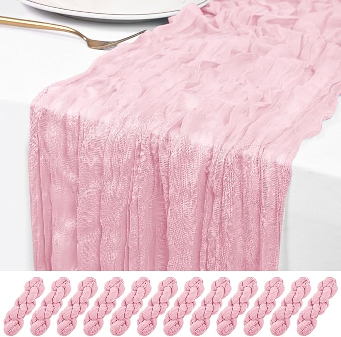 12 Pack Light Pink Cheesecloth Table Runner 120 inch Fall Thanksgiving Boho Rustic Gauze Farmhouse 10FT Cheese Cloth Runner for Baby Shower Wedding Party Holiday Home Decor