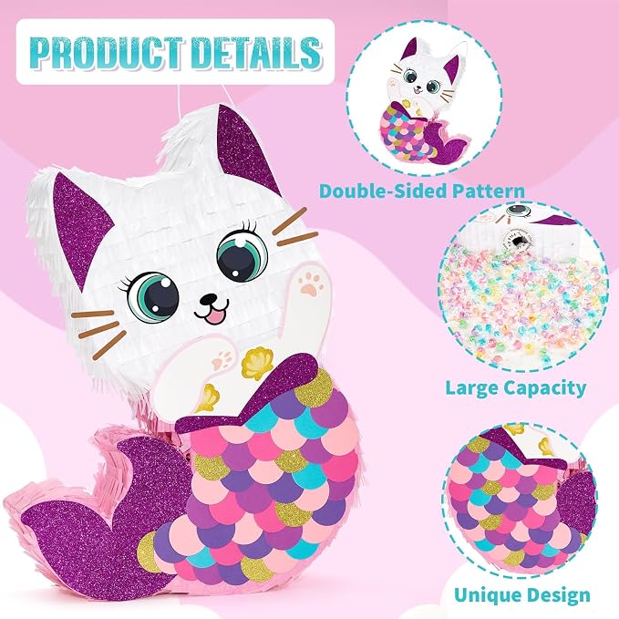 WERNNSAI Cat Piñata - Kitten Mermaid Birthday Party Decorations Kids Mermaid Piñata with Blindfold and Bat for Girls Summer Under the Sea Birthday Party Supplies Game Set